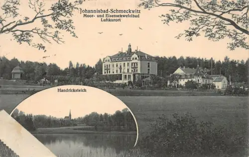 Johannisbad-Schmeckwitz Moor- und Eisenschwefelbad Luftk. Postkarte AK 1929