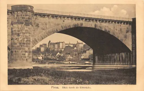 Pirna Blick durch die Elbbrücke Postkarte AK