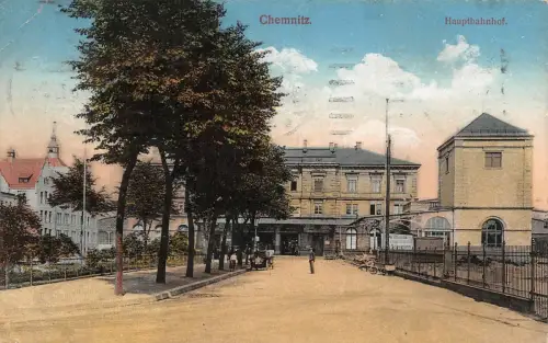 Chemnitz Hauptbahnhof Bäume Postkarte 1915