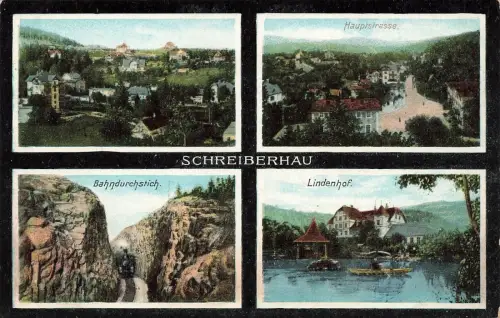 Panorama bahndurchstich und Lindenhof Schreiberhau Schlesien Postkarte AK