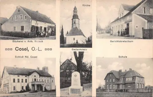 Cosel O.-L. Schloß Nd. Cosel Bäckerei v. Arth. Krusch Kirche Postkarte AK 1915
