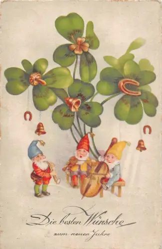 Zwerge Gnom mit Musik Instrumenten Neujahr Postkarte 1936 Zwönitz