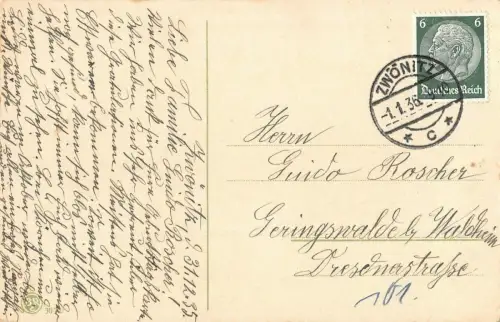 Zwerge Gnom mit Musik Instrumenten Neujahr Postkarte 1936 Zwönitz