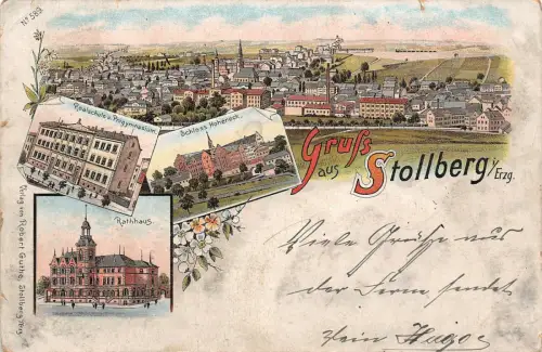 Gruß aus Stollberg mit Rathaus, Schloss Erzgebirge Sachsen Litho AK 1896