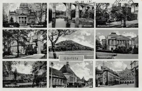 Panorama Karte mit Viadukt, Ruhmeshalle und Bahnhof Görlitz Sachsen AK 1942
