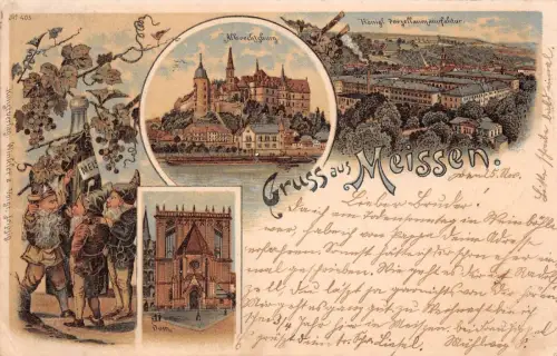 Meissen Porzellanmanufaktur kleine Zwerge mit Wein Litho Postkarte 1898