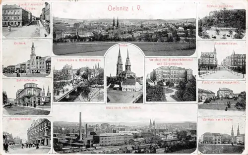 Oelsnitz Vogtland Bahnhofstrasse, Bismarckstrasse, Panoram Postkarte 1909