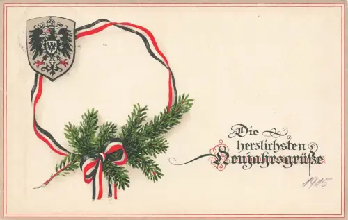 Die herzlichsten Neujahresgrüße mit Adler Patriotika Postkarte AK 1914