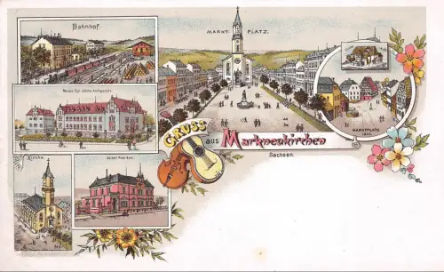 Gruss aus Markneukirchen Sachsen Marktplatz Bahnhof Litho Postkarte AK
