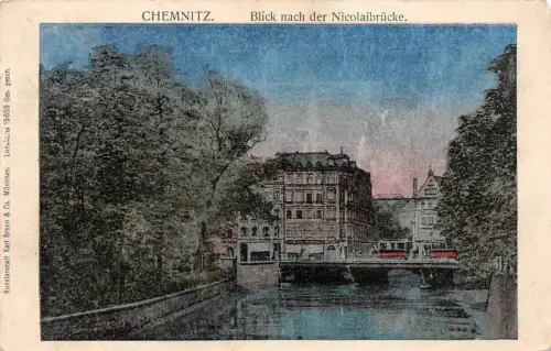 Blick nach der Nicolaibrücke Chemnitz Sachsen Postkarte AK 1908