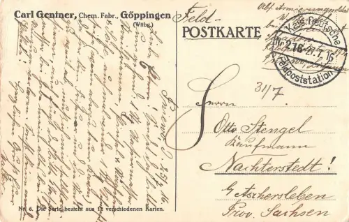 General Feldmarschall v. Bülow Werbe Fabr. Göppingen Postkarte 1916
