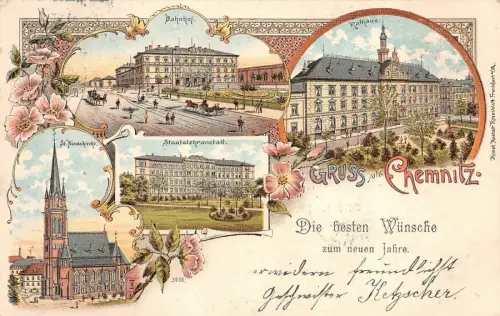 Gruss aus Chemnitz Rathaus, Bahnhof, Staatslehranstalt Sachsen Litho AK 1898
