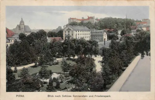 Pirna Blick nach Schloss Sonnenstein und Friedenspark Feldpostkarte AK 1915