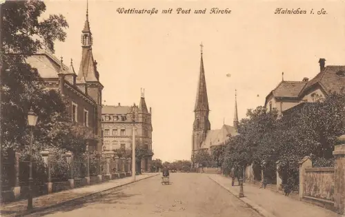 Wettinstraße mit Post und Kirche Hainichen Sachsen Postkarte AK 1925