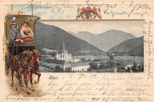 Kloster in Ettal mit Postkutsche und Wappen Bayern Postkarte mit Prägung AK 1902