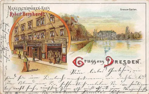 Gruss aus Dresden Manufacturwaren - Haus Robert Bernhardt Litho 1899