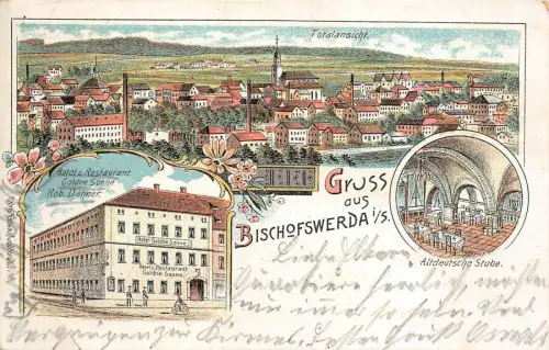 Gruß aus Bischofswerda mit Hotel und Restaurant Sachsen Litho Postkarte AK 1904
