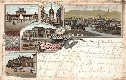Gruss aus Kassel Bahnhof Gemäldegallerie Postkarte AK 1901