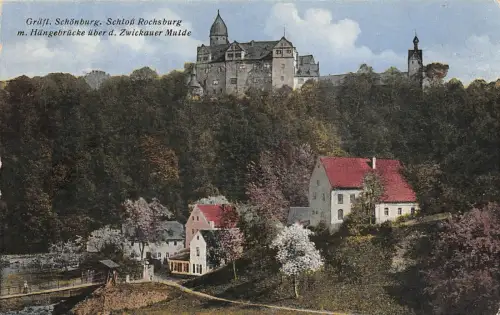 Schloss Rochsburg mit Hängebrücke über der Mulde Schönburg Sachsen AK 1923