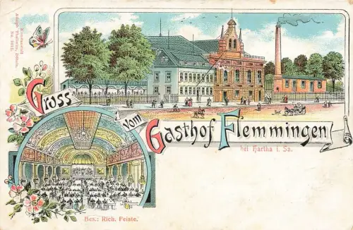 Gruss vom Gasthof Flemmingen bei Hartha Sachsen Litho Postkarte AK