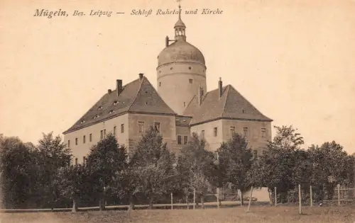 Schloß Ruhetal und Kirche Mügeln bei Leipzig Sachsen Postkarte AK 1920
