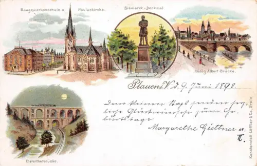 Plauen i. V. Baugewerkenschule u. Pauluskirche Postkarte AK 1898