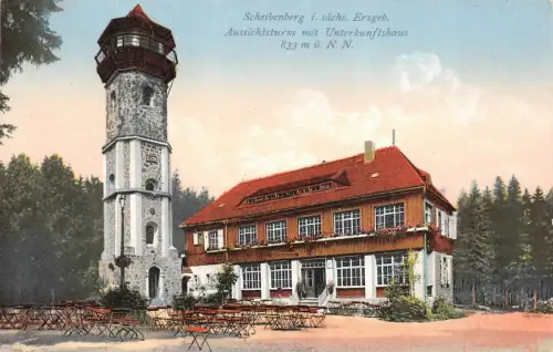 Scheibenberg i. sächs. Erzgeb. Aussichtsturm Unterkunftshaus Postkarte AK