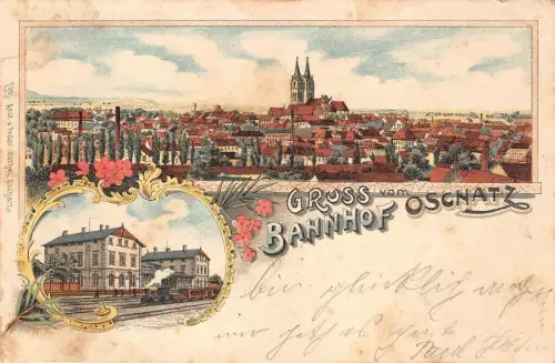 Gruß vom Bahnhof Oschatz mit Stadtansicht Sachsen Litho Postkarte AK 1909