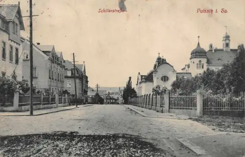 Straßenansicht Schillerstraße in Pulsnitz Sachsen Postkarte AK 1909