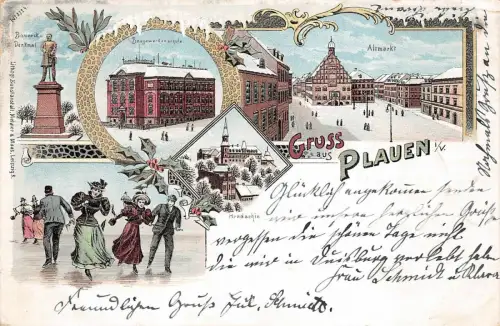 Gruss aus Plauen Vogtland Winter Litho Postkarte AK 1900