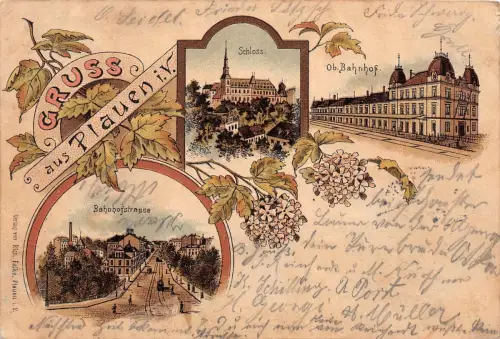 Gruss aus Plauen i. V. Schloss Bahnhofstrasse Schloss Litho AK 1900
