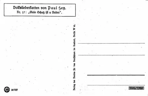 Paul Hey Volksliederkarte Nr. 37 Mein Schatz ist a Reiter Künstler Postkarte