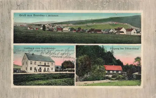 Gruss aus Brandau Brandov mit Gasthaus zum Sophienstein Böhmen Postkarte AK 1912