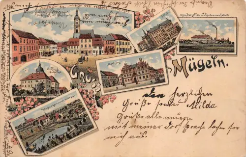 Gruß aus Mügeln Markplatz mit Kirche, Rathaus Sachsen Litho Postkarte AK 1908