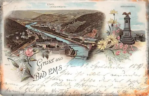 Gruss aus Bad Ems Lahnaufwärts Kriegerdenkmal Litho AK 1897