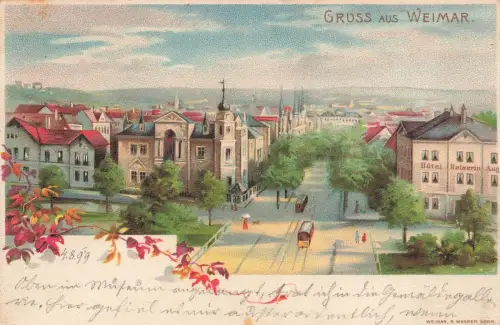 Hotel, Straßenansicht u. Straßenbahn in Weimar Thüringen Litho Postkarte AK 1904