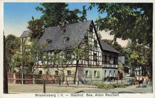 Gasthof Bes. Albin Reichelt in Wiedersberg Vogtland Sachsen Postkarte AK 1934