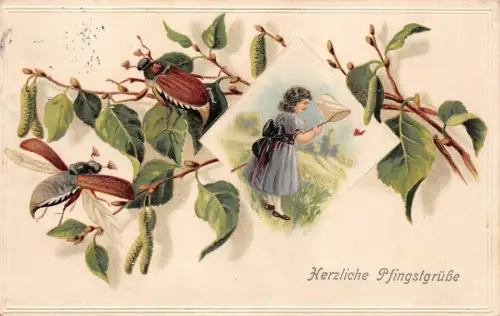 Herzliche Pfingstgrüße Maikäfer mit Mädchen AK geprägt 1916