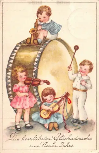 Neue Jahr Postkarte Kinder mit Musik Instrumenten 1940 Buchholz Sachsen