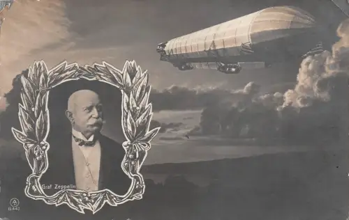 Zeppelin mit Portrait Graf Zeppelin Patriotika Postkarte AK