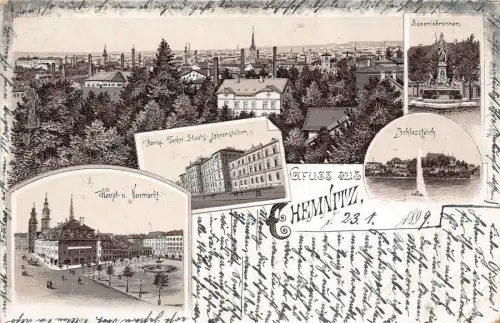 Gruß aus Chemnitz mit Lehranstalt und Schlossteich Sachsen Postkarte AK 1899