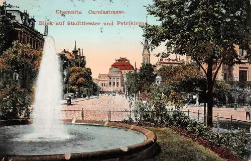 Blick auf Stadttheater und Petrikirche und Carolstraße Chemnitz Sachsen AK 1913