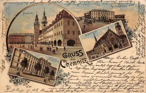 Gruß aus Chemnitz mit Bahnhof, Lehr-Anstalt und Kirche Sachsen Litho AK 1899