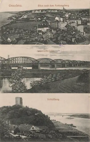Schlossberg, Weichselbrücke und Festungsberg Graudenz Westpr. Postkarte AK 1916