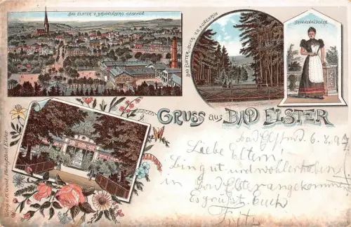 Gruss aus Bad Elster Brunnenmädchen Agnesruh Brunnenberg Litho Postkarte AK 1897
