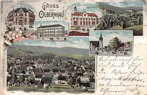 Gruss aus Olbernhau Neue Schule Kaiserl. Postamt Amtsgericht Rungstock Litho AK