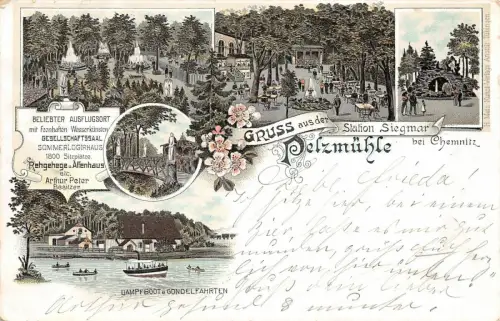 Gruss aus der Pelzmühle Station Siegmar bei Chemnitz Litho Postkarte AK 1896
