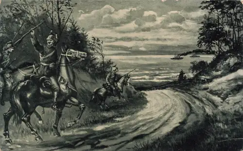 Deutsche Ulanen-Patrouille Erriecht nähe Ostende das Meer Patriotika AK 1916