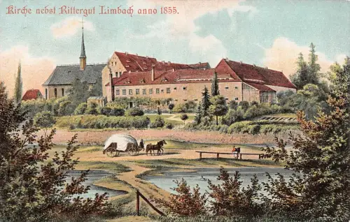 Kirche neben Rittergut in Limbach Sachsen Postkarte