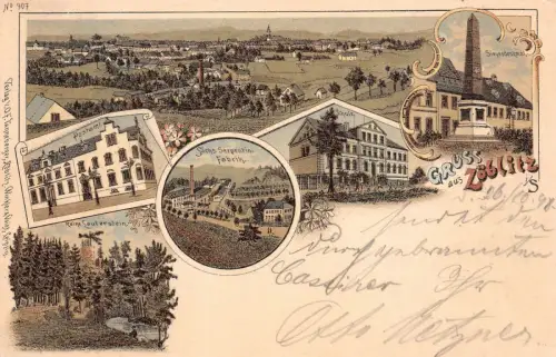 Gruss aus Zöblitz Postamt und Fabrik, Siegesdenkmal Sachsen Litho AK 1898